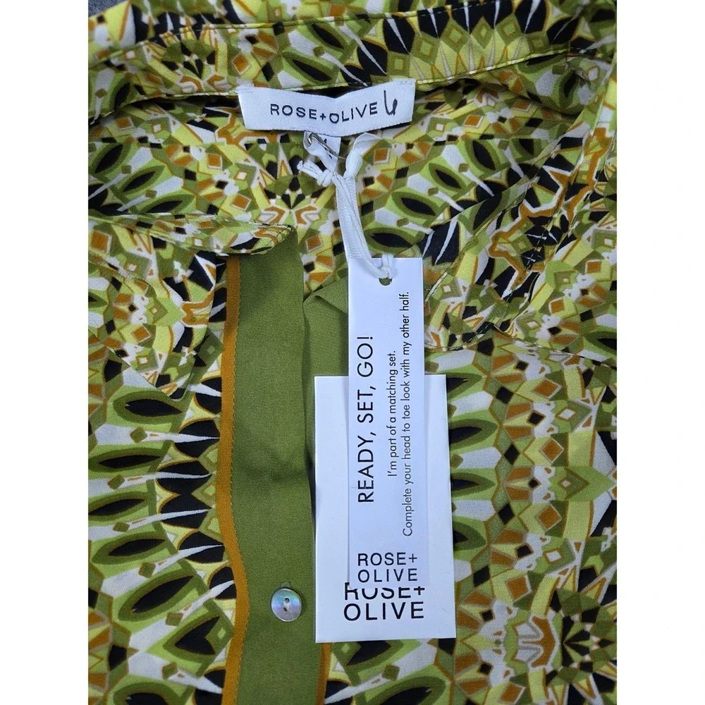 Rose Olive Geometric‎ Print Button Up Shirt Women's Green